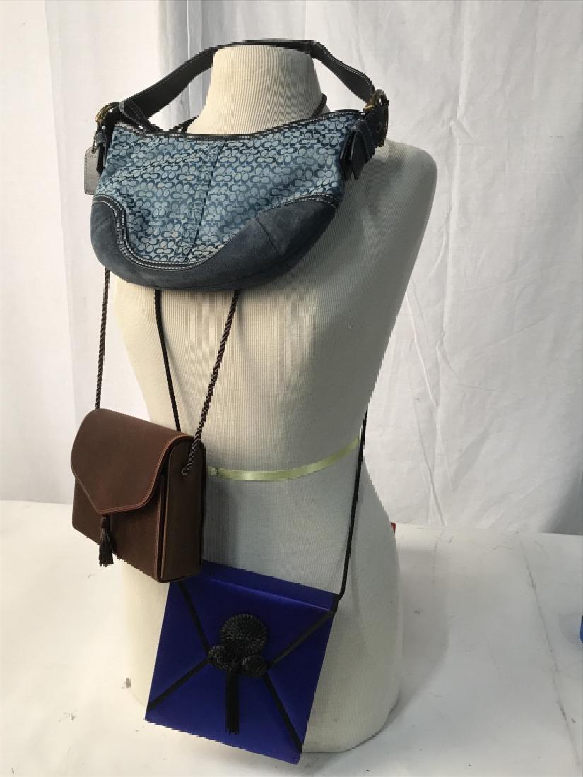 Lot 3 - Vintage Coach Purse & Sateen Box Purses: Coach Bag is Suede & Fabric w/ Wide Hand Strap. Suede & Stitching Very Good Condition. Possibly some Cleaning on Fabric Needed. Interior Zipper Pocket & Very Clean. Measurement approx 10 x 5.5. Sateen