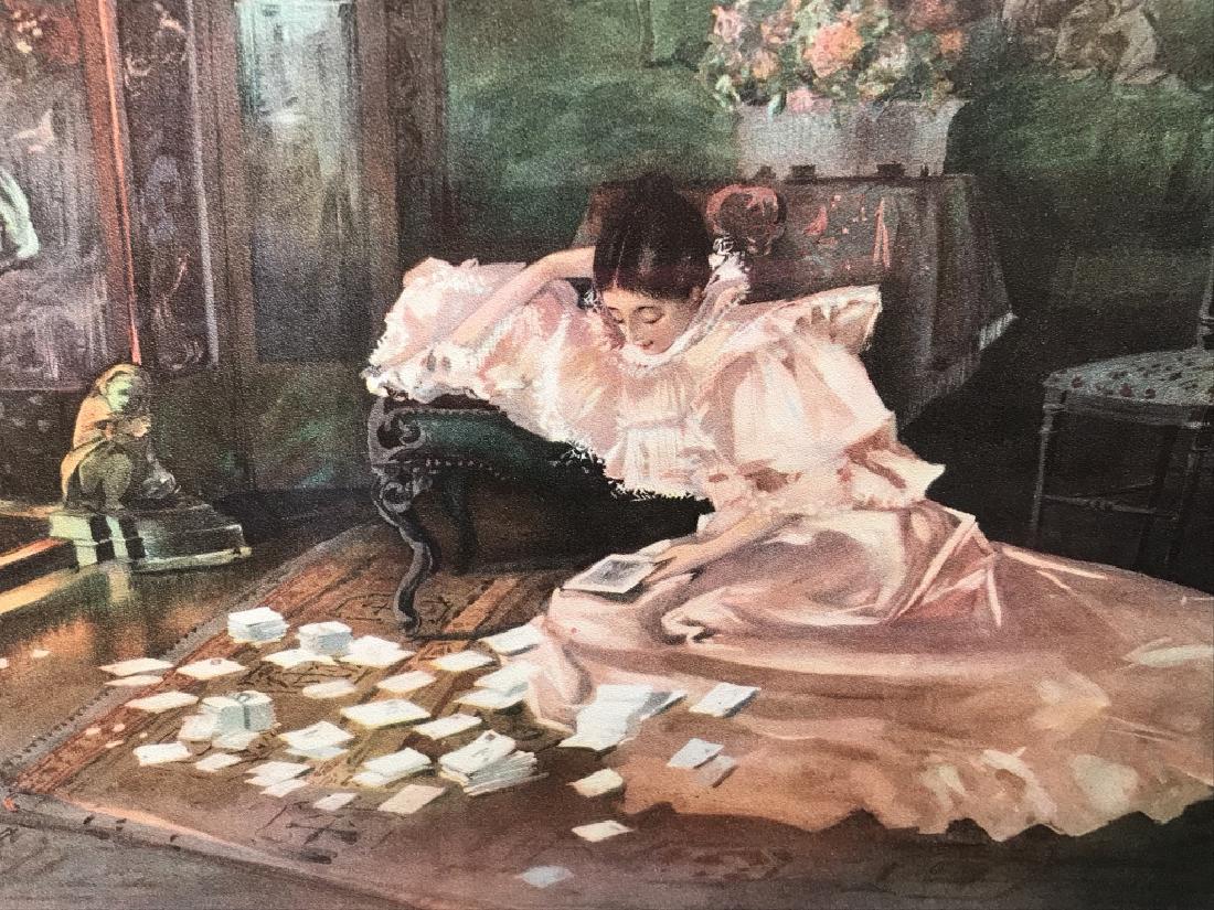 Framed Jay Hambidge Print, Wedding Eve: Print depicts woman seated by fireplace, artwork titled ‘Her Wedding Eve.’ Print is matted and set behind glass in coated wood frame. Measures approx 22.5 inches in height by 26.5 inches in width 