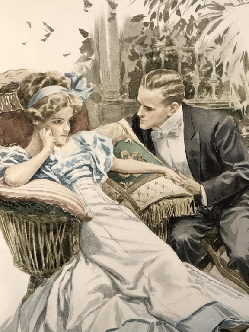 Framed Harrison Fisher Print from Garden Of Girls: Print depicts seated woman and man. Print is matted and set behind glass in painted carved wood frame. Verso has label for ‘Harriet Pirk' Antique Print Seller, Harrison Fisher 1910 Page 248’ along