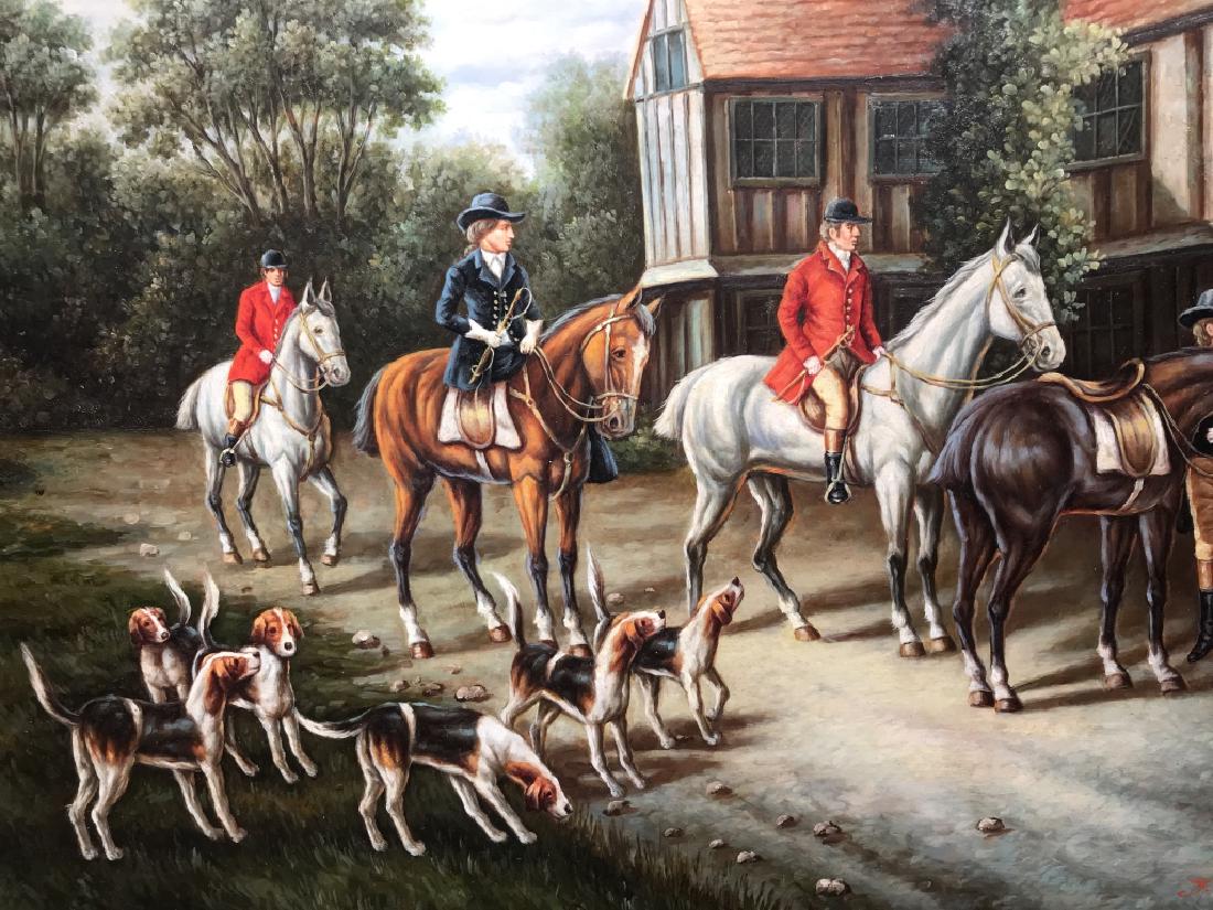 Signed J. Van ESSEN Oil On Board, Before the Hunt: Signed J. Van ESSEN oil painting on board depicting hunters in horseback and hounds preparing for hunt. Signed in lower right corner, attributed to Johannes Cornelis van Essen (Dutch, 1854 – 1936). 