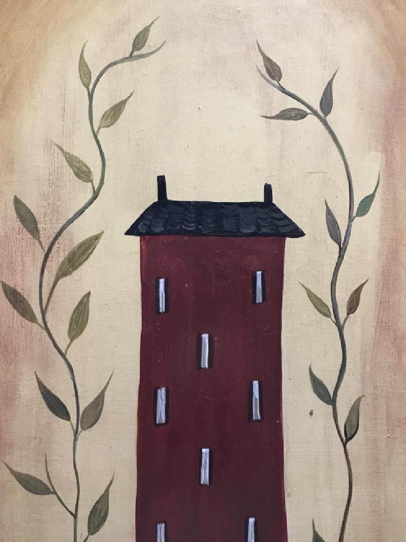Signed C.S. EVANS American Folk Art Oil On Board: Signed American Primitive folk art oil painting on Masonite hardboard. Signed C.S. EVANS for Chris Smith Evans in lower right corner and on verso Of board. Artwork depicts tall red building. Originall