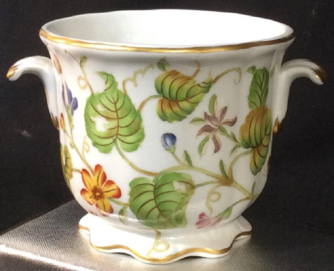 Decorative Porcelain Cache pot Vase: Flower and Leaf Motif. Gold Leaf Rim And Detail within leaves and flowers. Small handles. Measures 4 1/8 in. tall. 4 1/2 in Vessel opening. Use for a nice potted plant. Porcelain Vase, China Vase, Tab