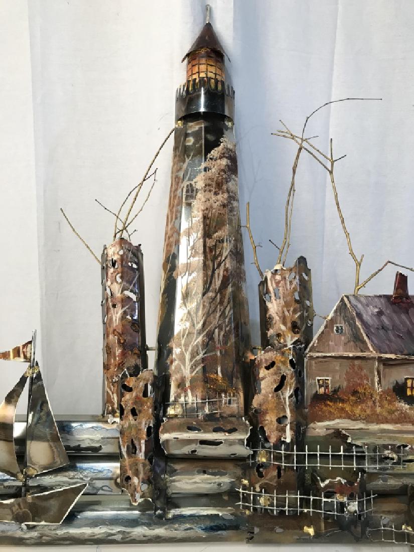 Signed Sculpted Metal Wall Artwork: Signed illegible, metal wall hanging sculpture depicting sea scape with island and cottage, Measures approx 41 inches long 27 inches tall. Wall art, painted metal, mixed metals, home decor, home accen