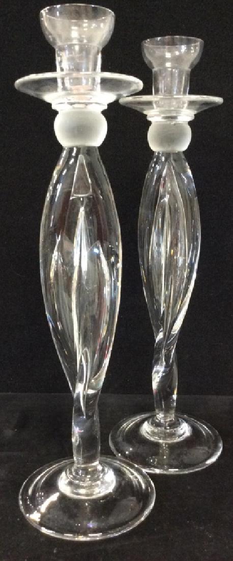 Pair Modern Handcrafted Glass Candlesticks: Clear glass Candlesticks, 18 in tall by 6 in in diameter. Appears to be free of condition issues, tableware, tabletop decor, mantelpiece decor, home accents, oversized Candlesticks. 4