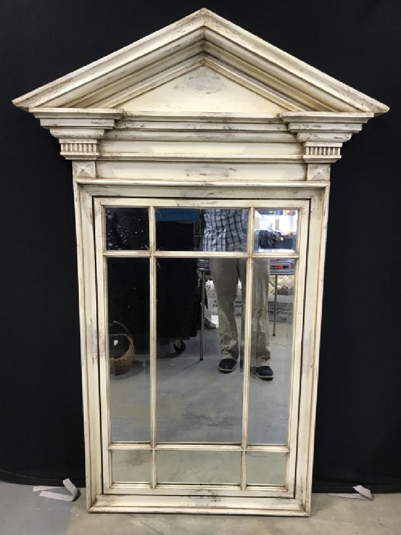 Pair Antique Wooden Converted Window Mirrors: Lot includes 2 Mirrors. Each have beveled mirror panels. Mirrors are antique. Each are cream toned with carved wooden detail. Appears to be windows converted into Mirrors. Each measures approx 65 inch
