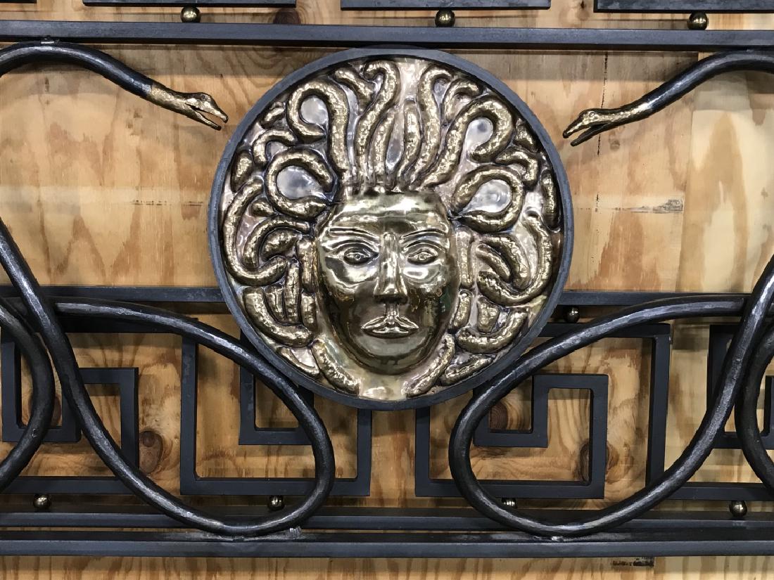 Custom Made VERSACE Bed Frame Replica: Exact replica made by artisan metal worker in Maine, bed made from iron, bronze, brass and more, includes all exact detailing of Medusa head, framing snakes, Greek key design and more. Original cost $