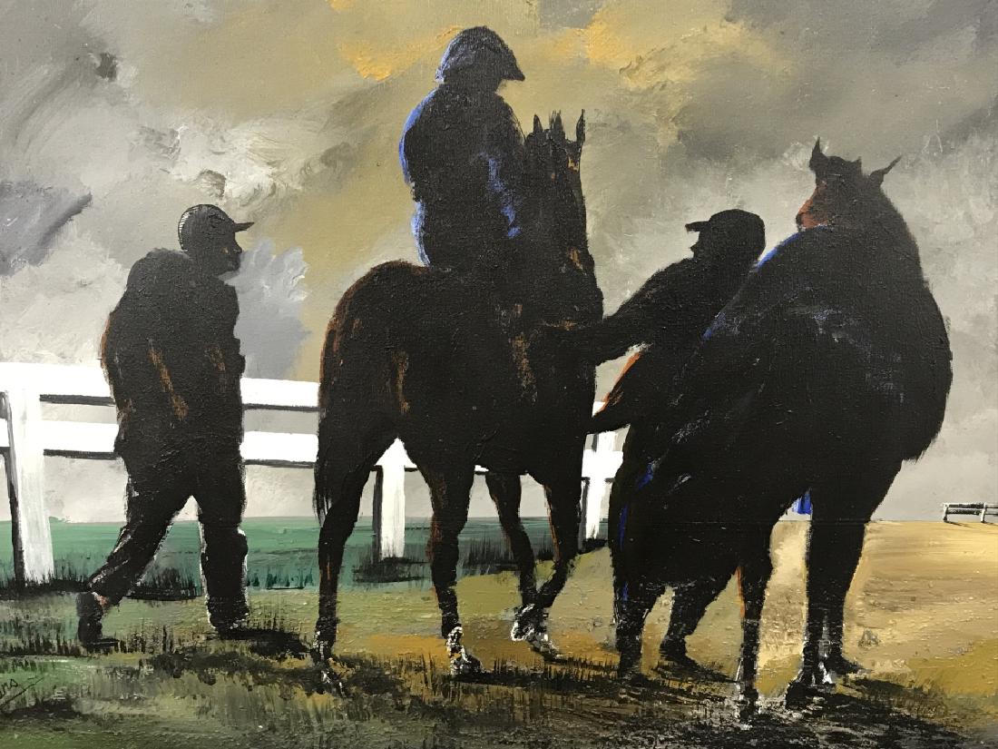 Signed Oil on Canvas, Racehorses & Jockeys: Signed oil painting on canvas depicting race horses and jockeys. Signed illegibly in lower left corner, possibly reads Lars or Hans. Canvas is set in wide wood frame. Measures approx 31.5 inches in he