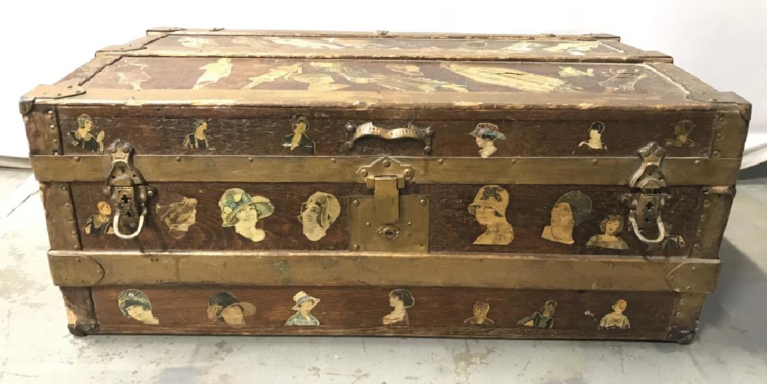 Vintage/ Antique Wooden Chest: Chest is wooden. Piece is vintage, possibly antique. Contains green toned detail on interior. Measures approx 14 inches tall, 32 inches long 19 inches deep. Home accent, wooden trunk chest, home stora