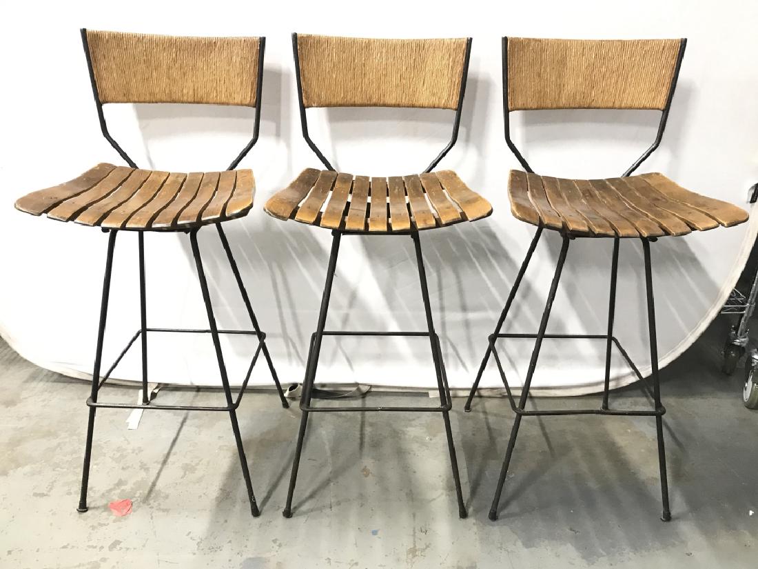 Set 3 Vintage Wooden & Metal Stools: Lot includes 3 Stools. Each have wooden seats, metal frames, and Rush Backrests. Barstools, kitchen stools, kitchen furniture, bar furniture. Each measures approx 41 inches tall 18 inches wide and dee