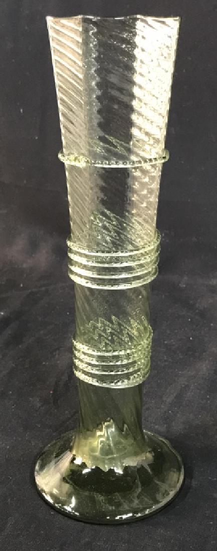 SIGNED JULISKA Hand Blown Art Glass Vase: JULISKA is a Hungarian Name used by the founders because the lady whose name it was had plenty of style. Rare Green Glass with detailed snake - like rope wrapped down the vase. Each piece is different