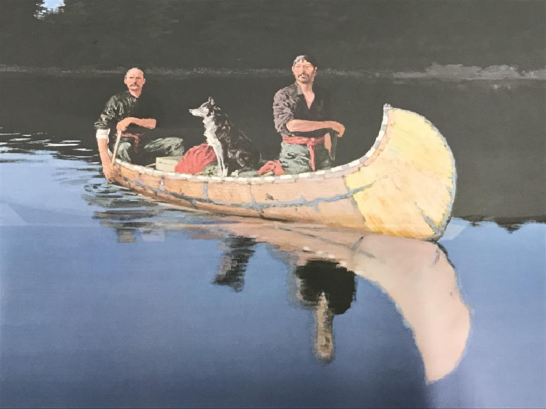 Stamped & Numbered Frederic REMINGTON Litho: Lithograph of ‘Evening on a Northern Lake’ by Frederic Remington. Numbered 401 / 750 in pencil, along with embossed stamp from the Frederic Remington Art Museum In NY. Lithograph depicts men and a