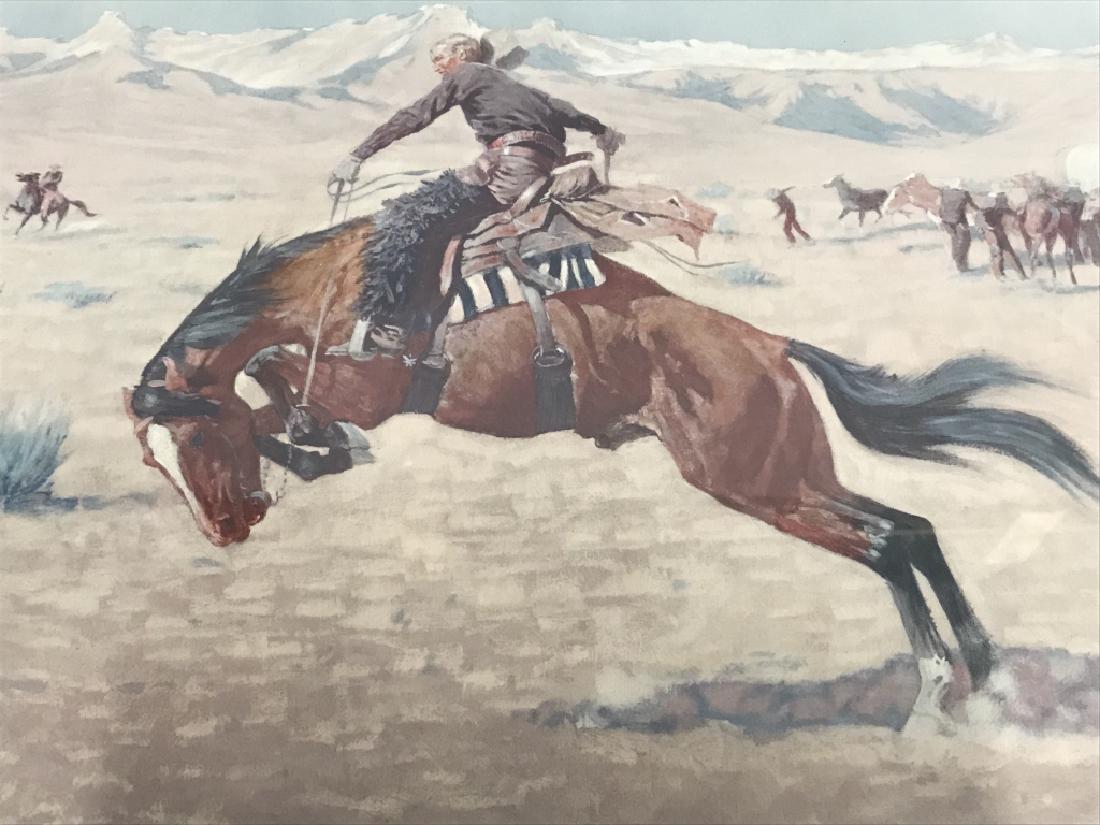 Stamped & Numbered Frederic REMINGTON Litho: Lithograph of ‘Cold Morning On the Range’ by Frederic Remington. Numbered 422 / 750 in pencil, along with embossed stamp from the Frederic Remington Art Museum In NY. Lithograph depicts man on hor