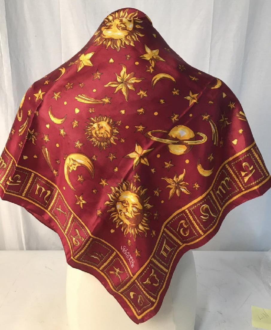 Authentic GIANNI VERSACI Vintage Astrology Scarf: Silk. Design - Suns, Half Moons With Faces, Stars, Saturn, And Bordering Astrological Signs. 33 3/4 x 33 1/2. In Very Good Condition. Vintage Woman’s Accessory, Vintage Gianni Versace Scarf, Gianni