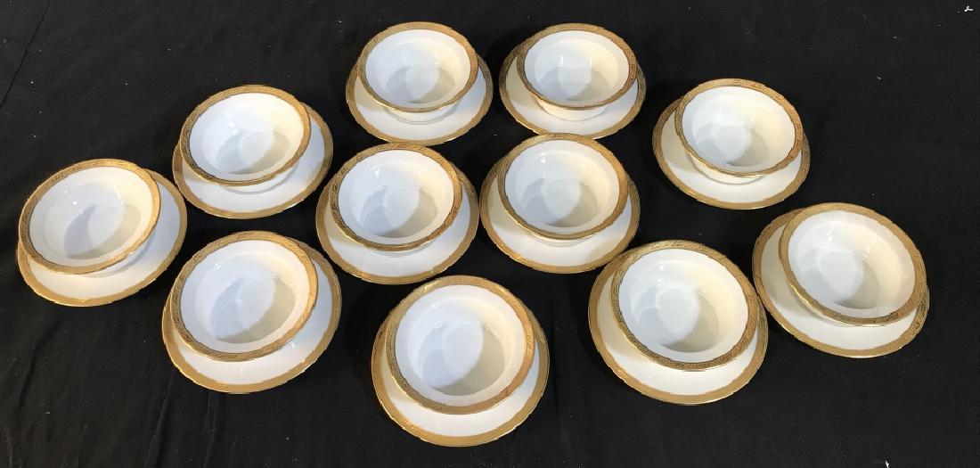 22 Pc LS&S LIMOGES Dessert Bowl & Saucers: Possibly vintage or antique In very good condition, set of 11; 11 dessert cups & 11 matching saucers. Stamp marked below with LS&S LIMOGES FRANCE. Lazarus Straus & Sons were American Importers and Dec