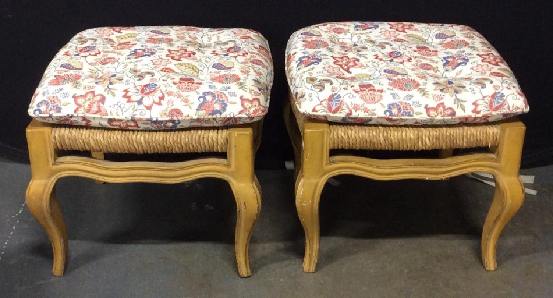 Set - Vintage Wood Ottomans W Rushed seating: Twisted Woven Straw Make Up the Seat, rushed seats. The legs and Base are Wood. Cushions are firm. Asian Floral Pattern , measures 23 in. sq. They are removable and loose on seat. No Stains. Seat meas