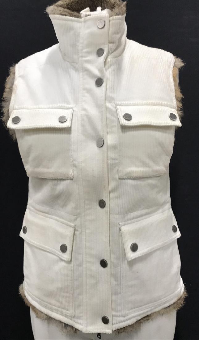 THEORY Rabbit Fur Vest - Bergdorf Goodman: White corduroy. Zipper and snap closure. Zips well. 2 breast snap pockets and 2 waist snap pockets. High Collar snaps closed as well. Size Small/ Petite. Authentic rabbit fur lined. Very Good Conditio
