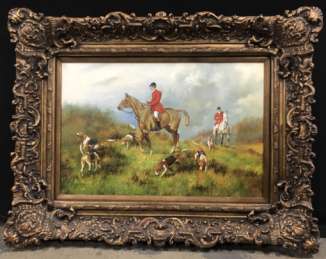 Signed ROBINSON Oil on Canvas in Stately Frame: Signed oil painting on canvas depicting huntsmen on horseback with hounds. Signed Robinson in lower left corner. Canvas is set in ornate bronze tone carved gesso over wood frame. Measures approx 38.5 