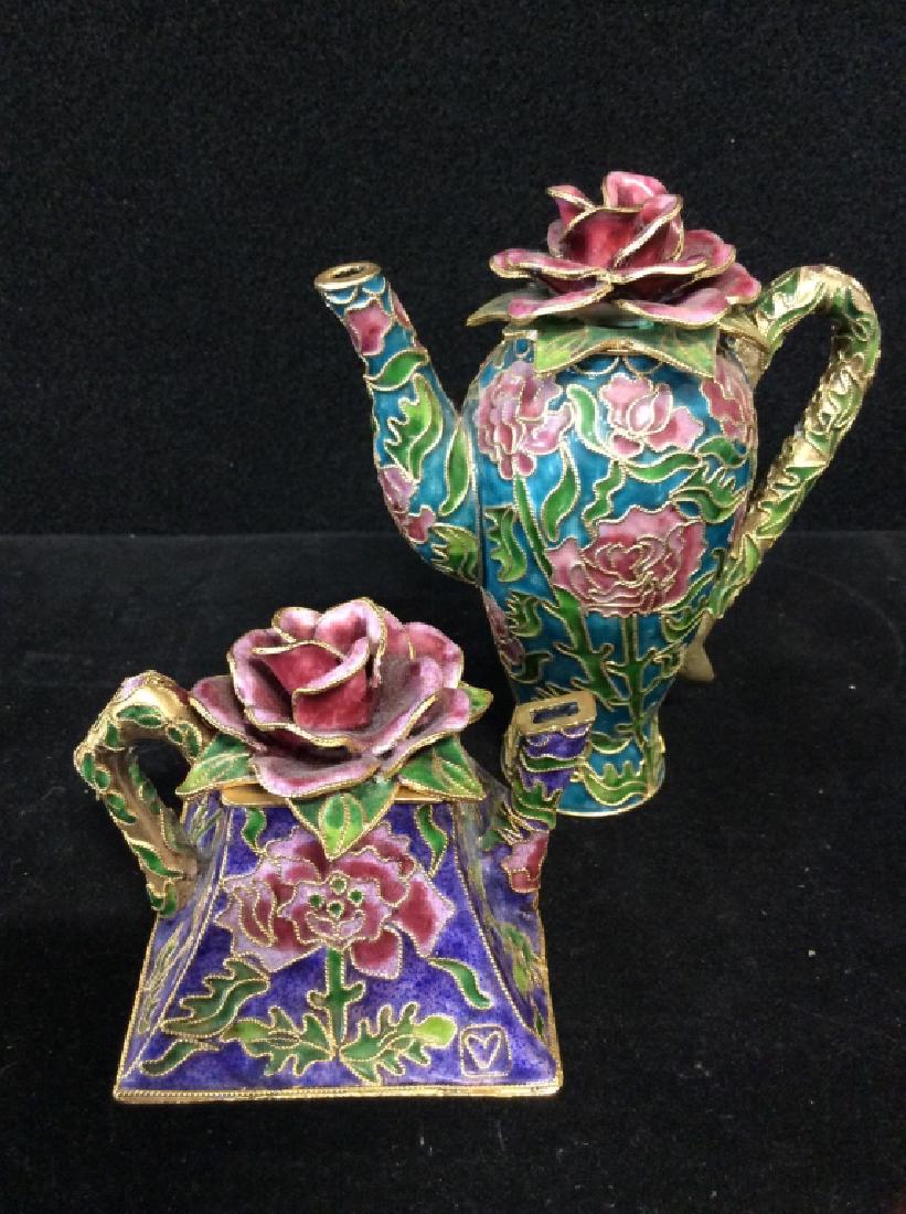 Ornate Miniature Teapot Collectibles: Enamel cloisonné, decorative miniature tea and coffee pot Figurals, Twisted Gold Toned Metal Wire with brightly colored blue, purple, green and pink enamel. Each piece has Sculptural rose form on lid