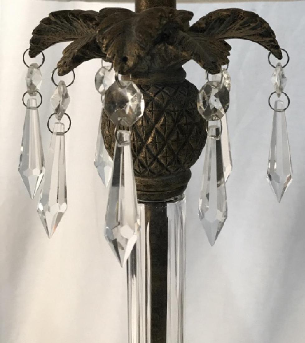 Pair - Pineapple Motif Lamps with Fabric Shades: Gold Patina And Glass Stems With accents of tropical leaves and pineapples. Hanging Chandelier Point Crystal Design from Tropical Leaves. Material is possibly composite Takes 3 - way light bulb. Match