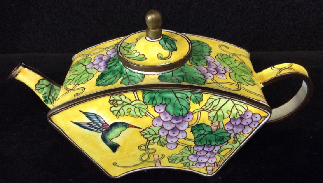 KELVIN CHEN Miniature Teapots Collectibles: KELVIN CHEN miniature teapots Figurals, Metal with brightly colored enamel in tined of yellow, purple, and greens, one with still life inspired image of guitar and flowers by a window, one with hummin