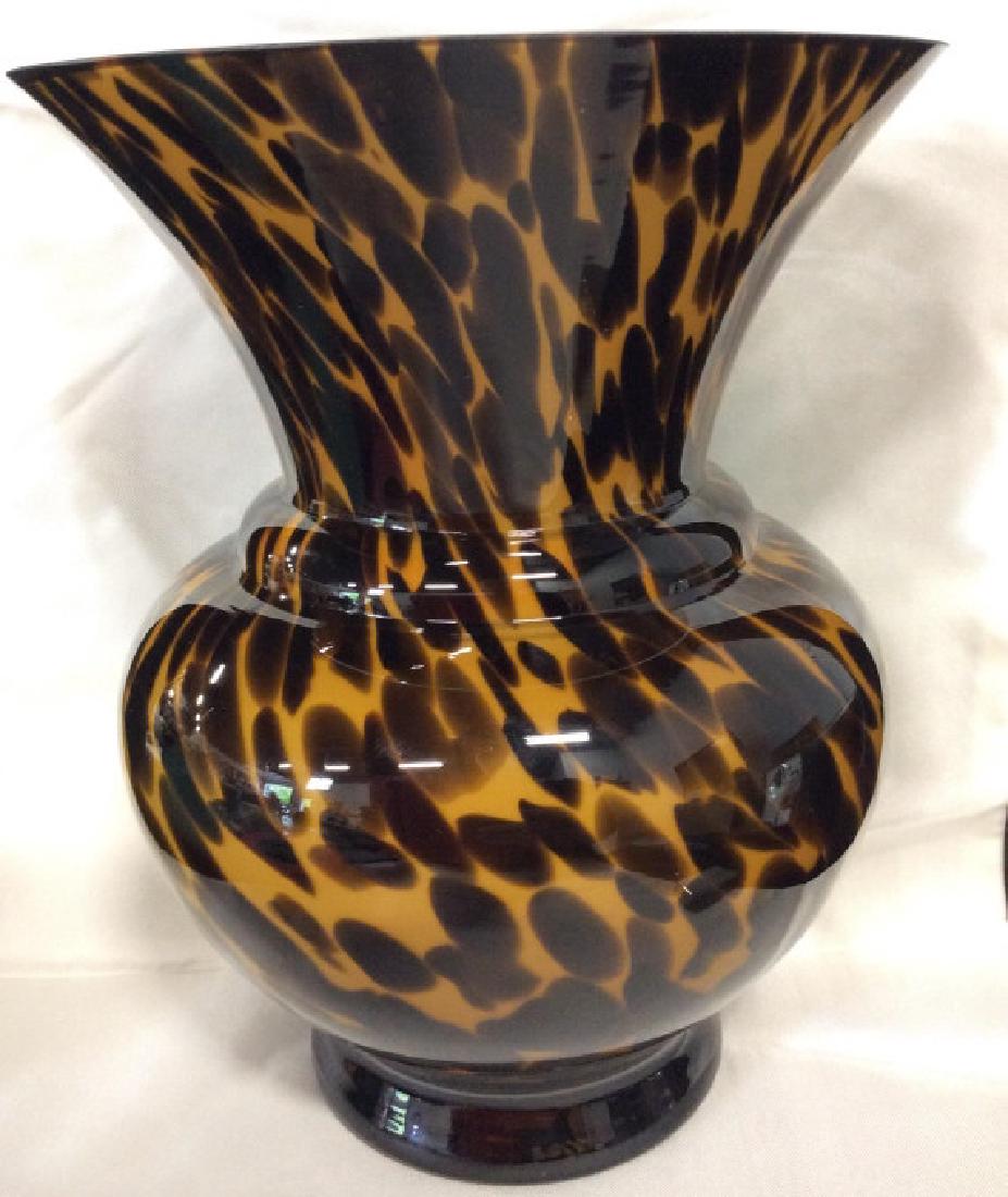 Black and Yellow Art Glass Vase: White glass interior black and yellow spot toned exterior, possibly handcrafted, Marked illegibly on underside. Measures approx 9 in by 7 in. Art glass vase, home decor, home accent, shelf piece, deco