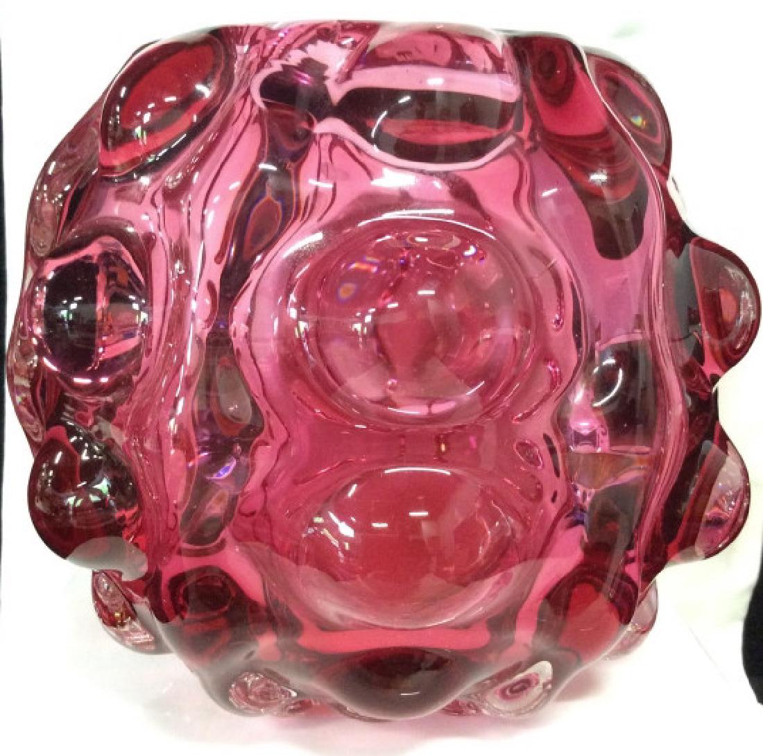 Unique Textured Art Glass Vase Bowl. Pink toned: art glass with heavily textured form, rose bowl, vase, decorative accessory, Measures approx 7 1/2 in by 8 in. Art glass vase, home decor, home accent, shelf piece, decorative tableware, decorative ta
