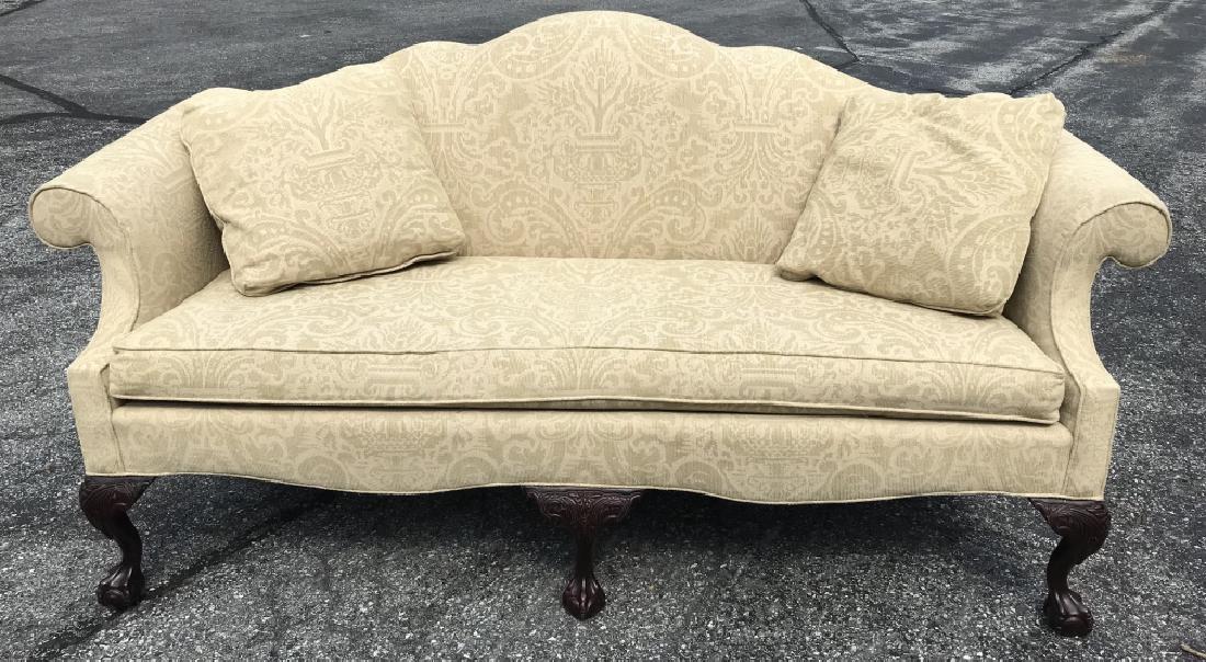 CAIATI Chippendale Style Couch W Claw & Ball Feet: Chippendale Style Couch with Front claw and ball feet. Cream tone floral patterned upholstery. Marked under cushion for CAIATI. Measures approx 40 inches in height by 78 inches in width by 30 inches i