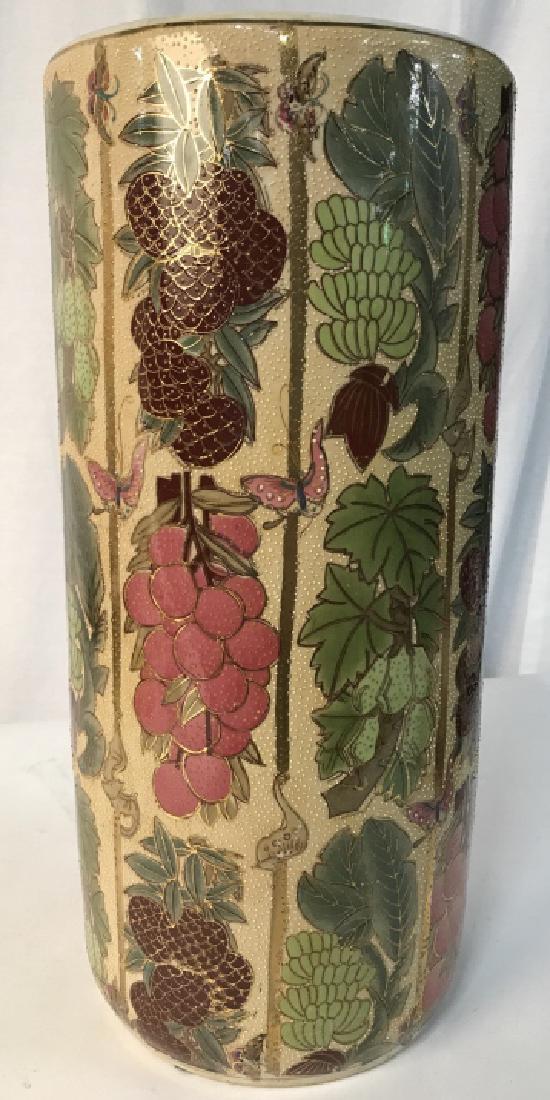 Vintage Hand Painted Porcelain Umbrella Holder: Or Cane Holder. Fruit Motif with Butterflies & Bright Gold Lined Paint that Sections the designs. Designs outlined with gold lines. 18 in. tall. Opening 6.5 in. wide. No issues with paint discoloratio