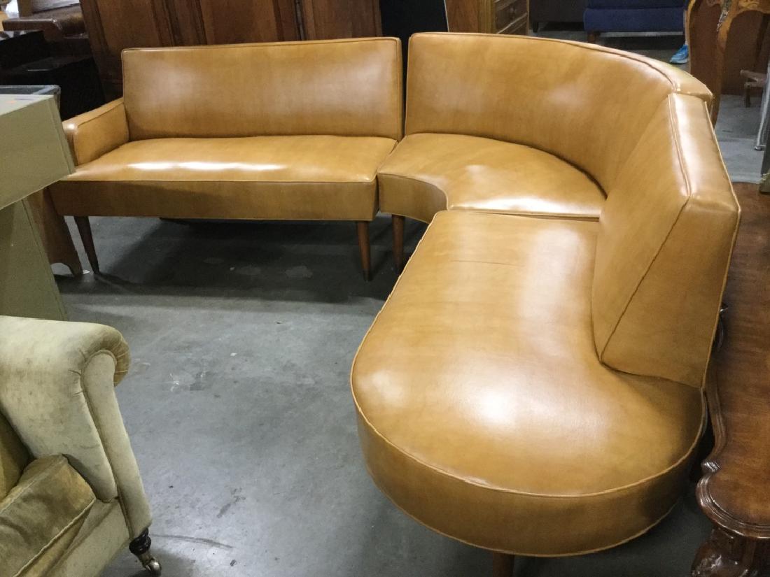 Lot 3 Curved Leather Sectional: Lot includes 3 leather seats. 1 Curved Seat, 1 straight Seat with armrest, and 1 straight Seat without armrest. Some parts of leather have marks. Piece measures approx 32 inches tall 133 inches long.