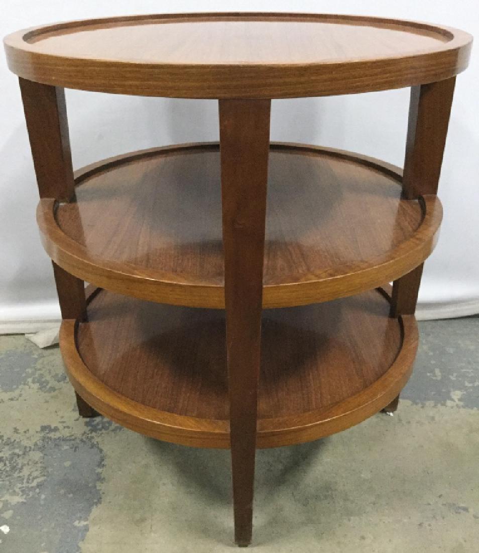 Vintage 3 Level Circular Wooden Side Table: Side table is wooden and circular. Contains top, mid area, and lower area. Measures approx 22 inches tall 20 inches wide. end table, side table, lamp table, home furnishings, home accessory, living ro