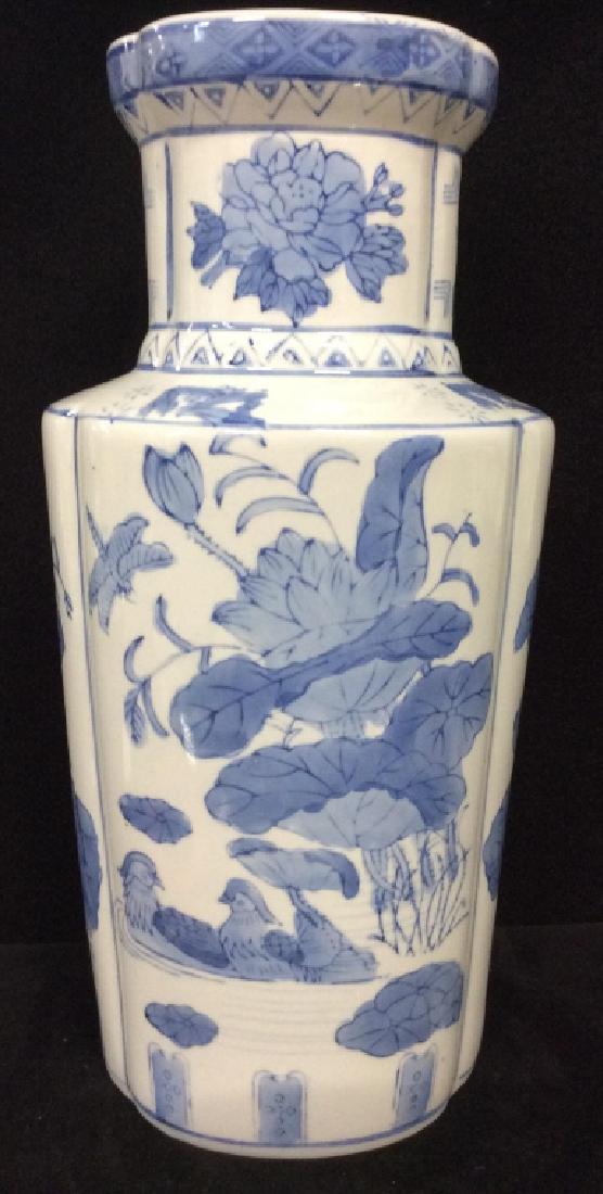 Large Asian Porcelain vase: grey/white toned glaze finish with blue toned bird and flowers design. Some minor surface wear and imperfections. Marked on underside with Asian characters, Measures approx 14 in by 7 in, asian arts a