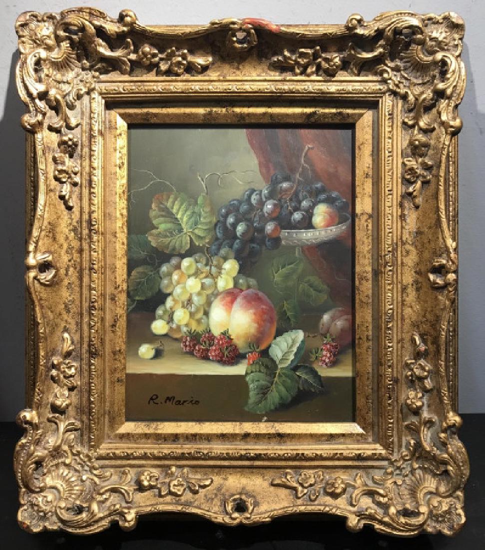 Signed Oil on Board, Fruit Still Life: Signed R. MARIO in lower left corner. Board is set in gold tone wood and material Composite frame. Measures approx 15 inches in height by 13 inches in width with frame. Dutch Baroque Style Still Life,