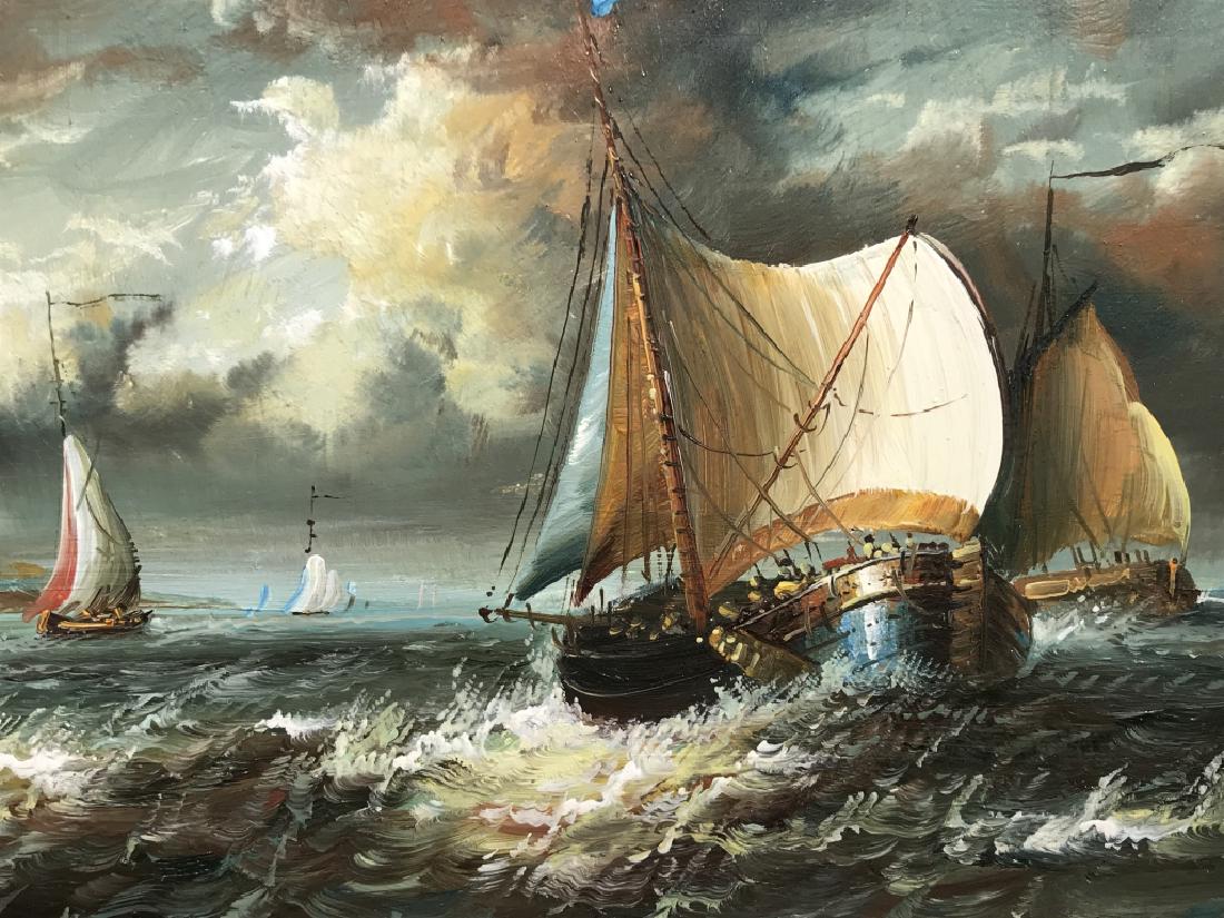 Pair Oil Paintings On Board, Ships at Sea: Pair of oil paintings on board depicting ships at sea. Boards are set in mottled gold and black tone wood frames. Each measures approx 13.5 inches in height by 21.6 inches in width with frame. Some su