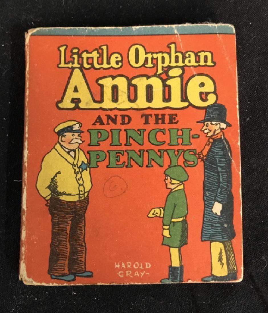 Collectible 1934 Book Little Orphan Annie: Miniature book titled Little Orphan Annie and the Pinch Penny’s Harold Gray, Copyright 1934, Harold Gray, Croton On Hudson, NY, Whitman publishing Company, Measures app 4 by 3 inches, Illustration e