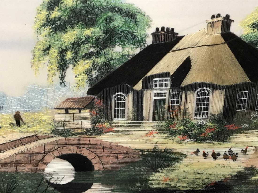 Framed String Embroidery Artwork, Country Cottage: Framed string embroidery artwork of country cottage. Artwork is matted and set behind glass in black tone wood style frame. Measures approx 18.75 inches in height by 23 inches in width with frame. Som