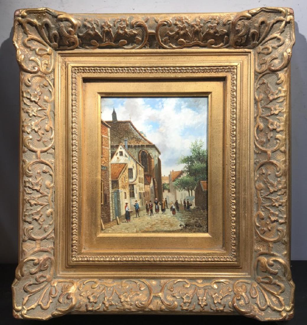 Signed Oil on Board, Figures in Colonial Village: Oil painting on board depicting figures in colonial village. Signed C. FRANCO in lower right corner. Board is set in gold tone wood and material Composite frame. Measures approx 20 inches in height by