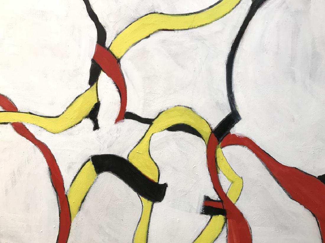 Framed Oversized Abstract Oil On Canvas: Framed Oversized Abstract Oil Painting On Canvas With red, black, yellow design on a white background, in style of Willem de Kooning. measures approximately 66 inches x 57 inches, some small cracks to