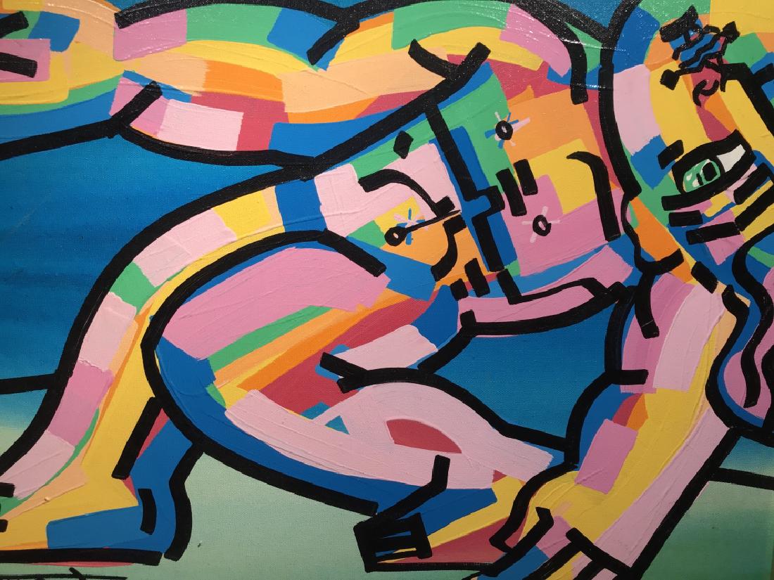 Signed JENSON Oil On Canvas, Pop Art Nude Figure: Vibrant oil and possibly acrylic painting on canvas depicting pop art figure. Signed in lower left corner, possibly reads Juan JENSON, dated 1993. Canvas is set in coated wood frame. Measures approx 2