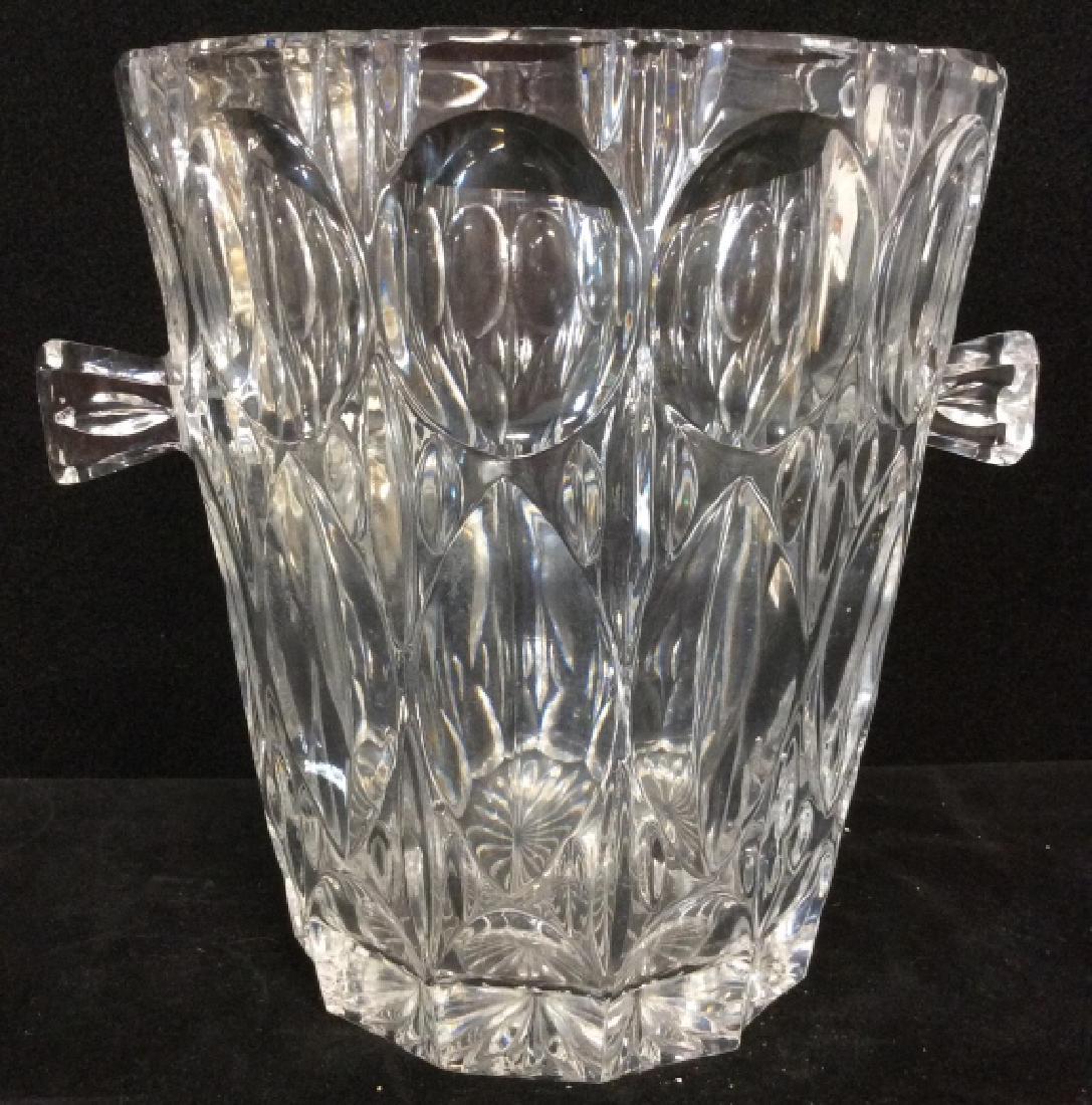 Art Glass Crystal Ice Bucket: Ice Bucket with handles and geometric shaped details. Appears to be crystal, appears to be free of major condition issues, 9 in by 10 in. Ice bucket picnic accessory, tableware, serving vessel. 4