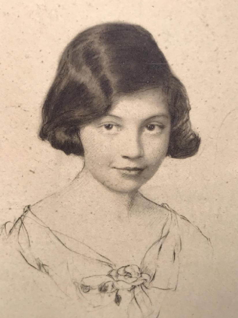 Framed Engraving Of Girl’s Portrait: Engraving Of young woman’s Portrait. Signature ‘Knoll’ in print. Plate marks visible. Engraving is matted and set behind glass In wood frame. Measures approx 14.5 inches in height by 11.5 inches