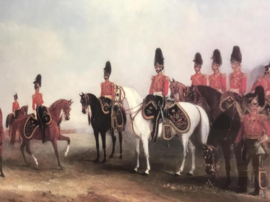 Framed Print Of Light Dragoons by John Ferneley: Print depicts John Ferneley’s ‘A Review of the 16th (The Queen's) Light Dragoons, 1851.’ Print is triple matted and set behind glass in wood frame. Measures approx 27.25 inches in height by 46.2