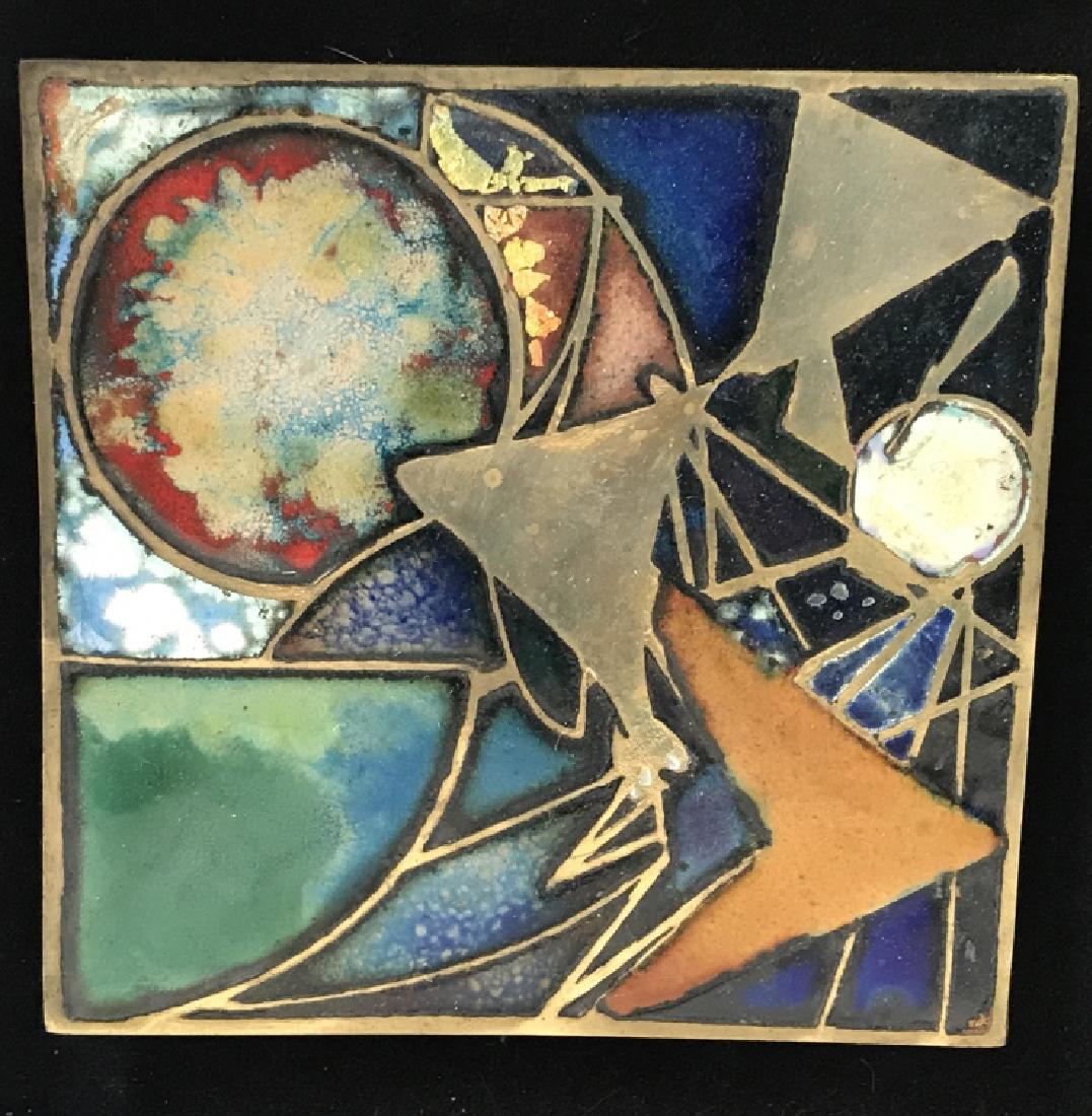 Lot 3- Abstract Mixed Media Enamel Framed Art: Brightly Colored Blue Patinas, Set On gold Toned Metal. Pieces are bolted into recessed wood frames. Mounted on Black Felt Backing. Rectangular piece contains 3 geometric metal squares as a grouping i