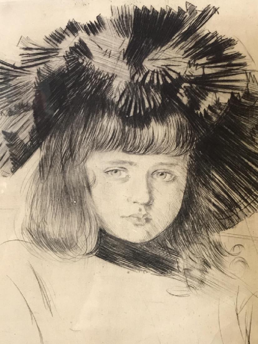 Signed Paul César HELLEU Drypoint, Girl’s Portrait: Signed Paul Cesar Helleu (French 1859-1927) drypoint Etching, signed HELLEU in pencil in lower left corner. Drypoint depicts Portrait Of a young girl in a hat. Plate marks visible. Drypoint is double 