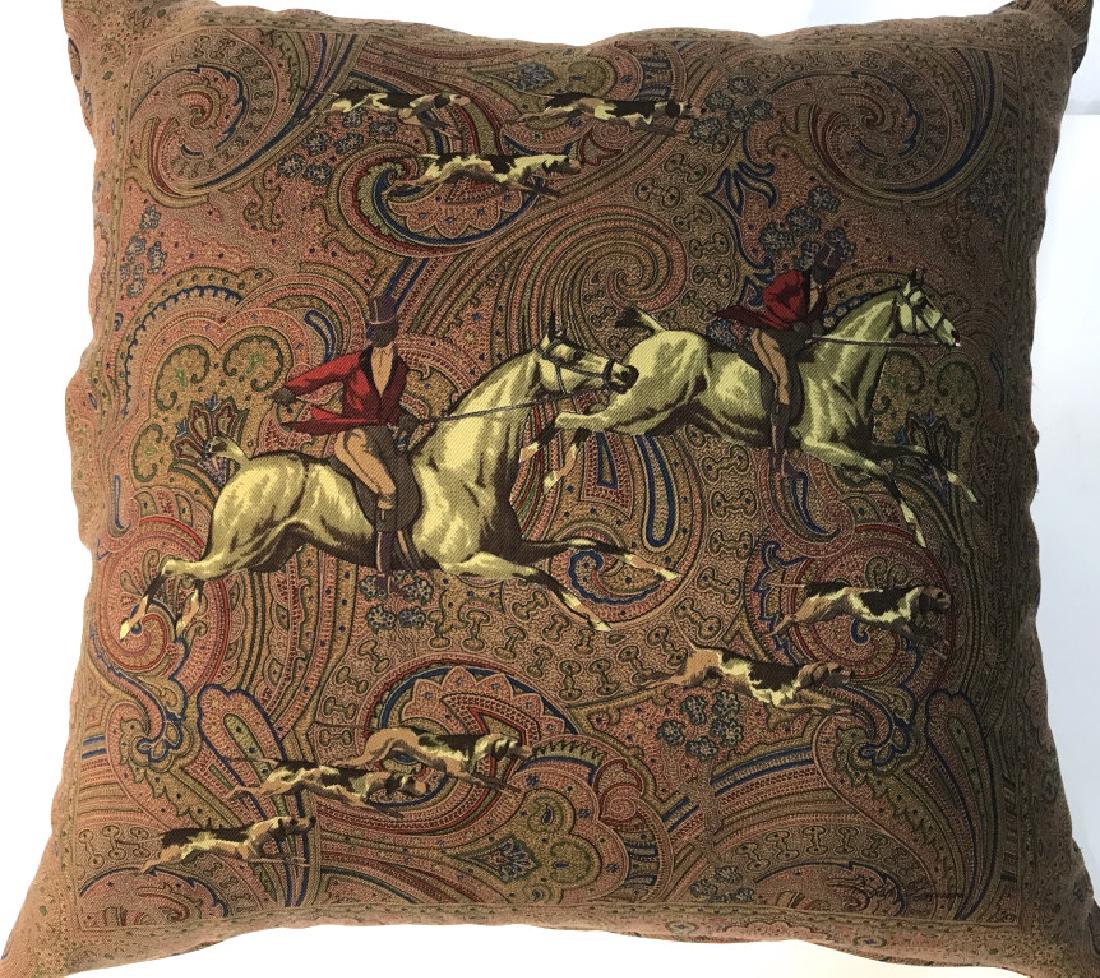 English Foxhound Hunt Ralph Lauren Down Pillow: Pillow Cover by R.L. 100% Wool Fabric. Inside Label. 20 in. sq. Zippered, for cleaning. Inside Pillow 95% White Goose Down Feathers, 5% White Goose Down. Tag attached. Original Lord & Taylor Tag $304.