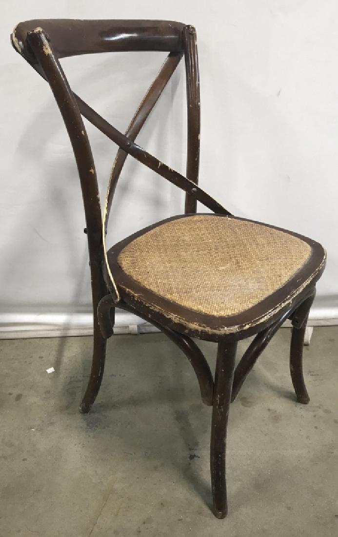 X Back Bistro Chair W Caned Seat: X Back Bistro Chair W Caned Seat, chips and scratches, caned seat needs repair, measures approx 34.5 inches tall x 19.5 inches wide x 20 inches deep. Side Chair, Dining Chair, Bent Wood Chair. 2