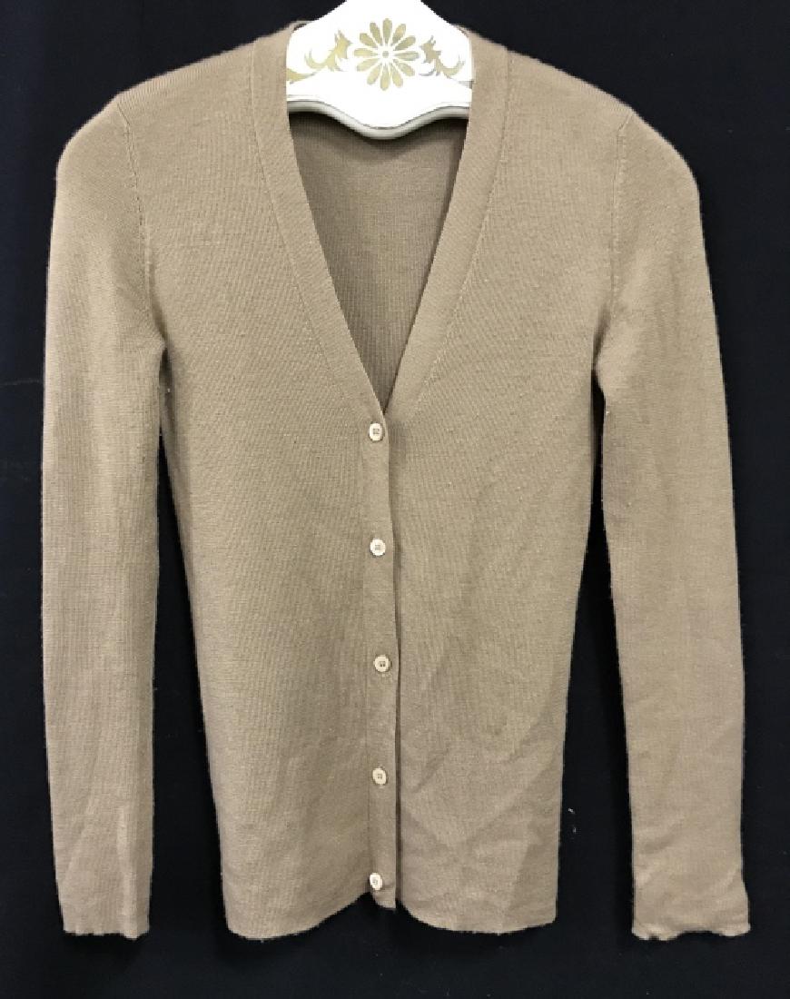 PRADA Luxury Designer Cashmere Silk Blend Cardigan: Label reads for PRADA, Made In Italy, Size 42, 70% cashmere, 30% silk. Button down cardigan is latte brown in tone. Some pilling of fabric. PRADA Luxury Designer Clothing, Designer garment, cardigan s