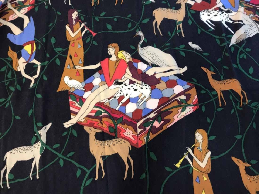 ERIC BOMPARD Luxury Designer Cashmere Scarf: Label reads for ERIC BOMPARD 100% pure cashmere. Thin cashmere scarf features scene of women with woodland animals. Measures approx 48 inches squared in length and width. good condition. Luxury Design