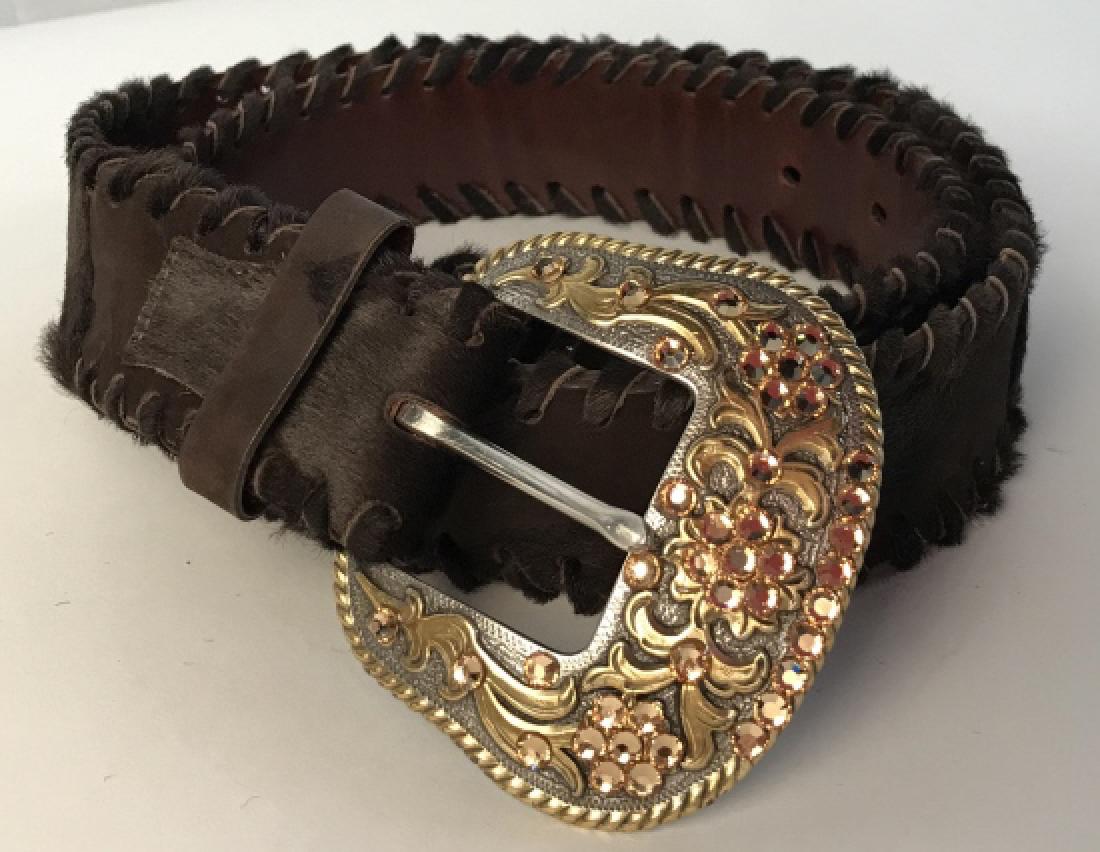 JOSE LUIS Designer Calf Hair Belt W Rhinestone: Buckle Western style belt with calf hair and rhinestone encrusted belt buckle. Marked for JOSE LUIS. Belt is deep brown in tone with caramel tone rhinestones, possibly Swarovski crystals, against gold