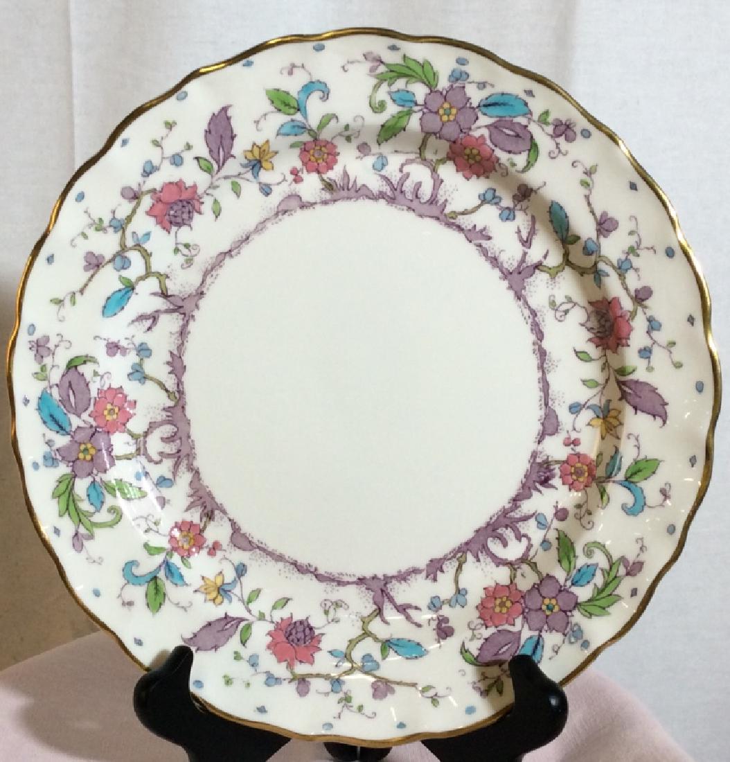Set 7 KASHMIR Fine Bone China Luncheon Plates: Ribbed Edges, Gold Rim, Pattern called Royal Worcester. Stamp Marked on underside. Handcrafted in England. 8 3/4 in. diameter. Paint in great form. Minor cutlery marks from use. Vintage Kashmir Salad 