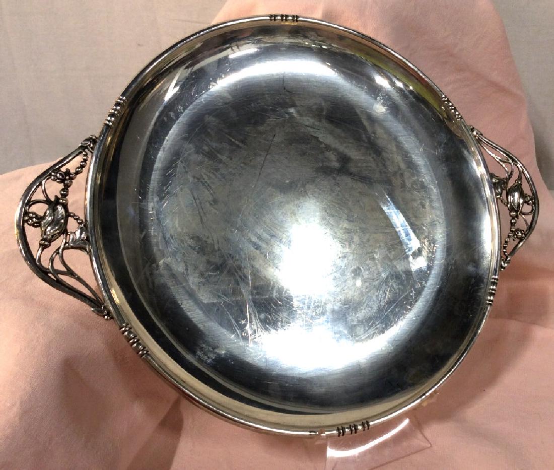Vintage Art Nouveau STERLING SILVER Serving Tray: Underside Marked Sterling 112H, name of company illegible. Measures 15.5 handle to handle, 12 1/4 in, Tray diameter. Intricate natural flowering design marks the antique to vintage artistic time perio